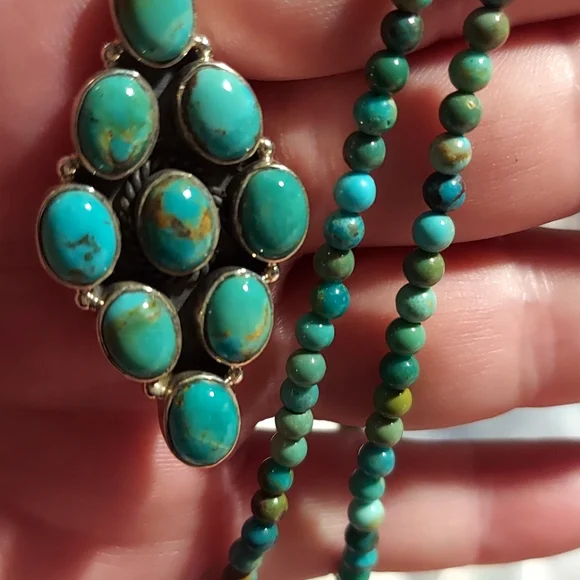 Natural Turquoise Beaded Neckace with Turquiose Pendant in Sterling Silver - Picture 3 of 11